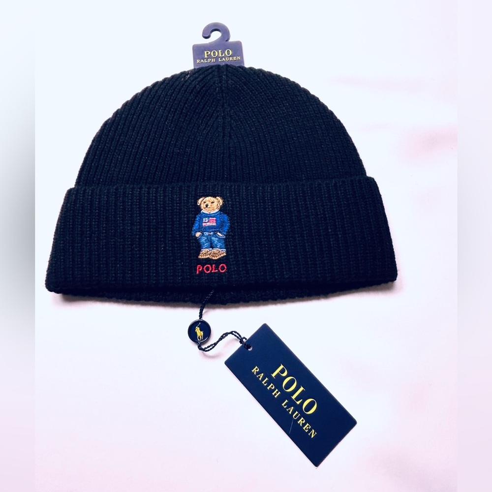 NWT 🧸Ralph Lauren AMERICAN POLO BEAR KNIT Wool Blend Beanie in Aviator Black